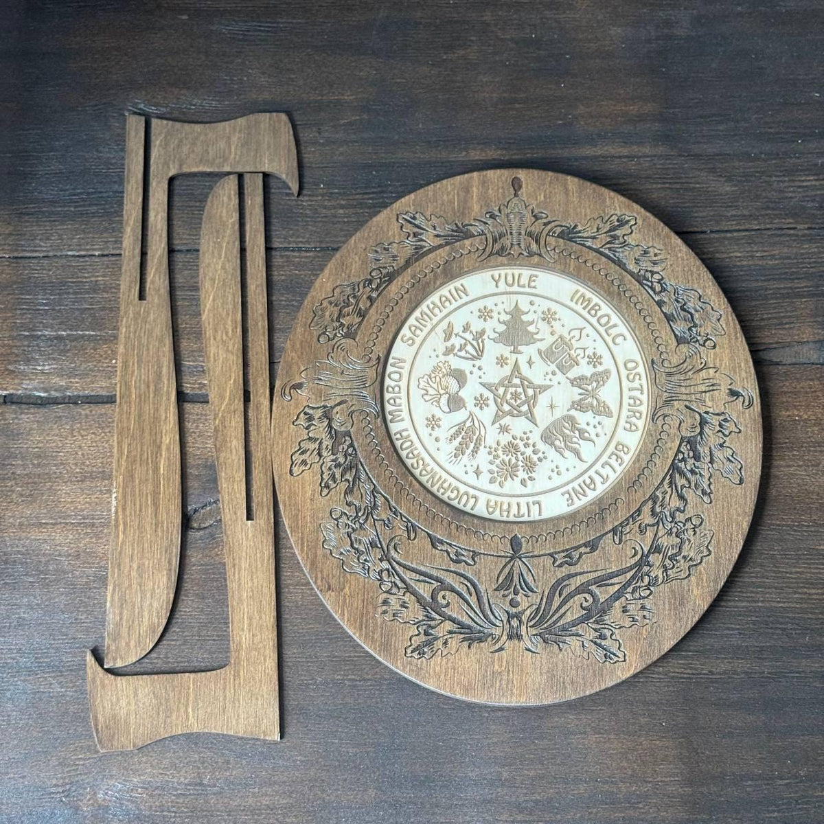 Two-Layer Wooden Wheel of the Year Calendar with Stand, Wiccan Sabbat Decor
