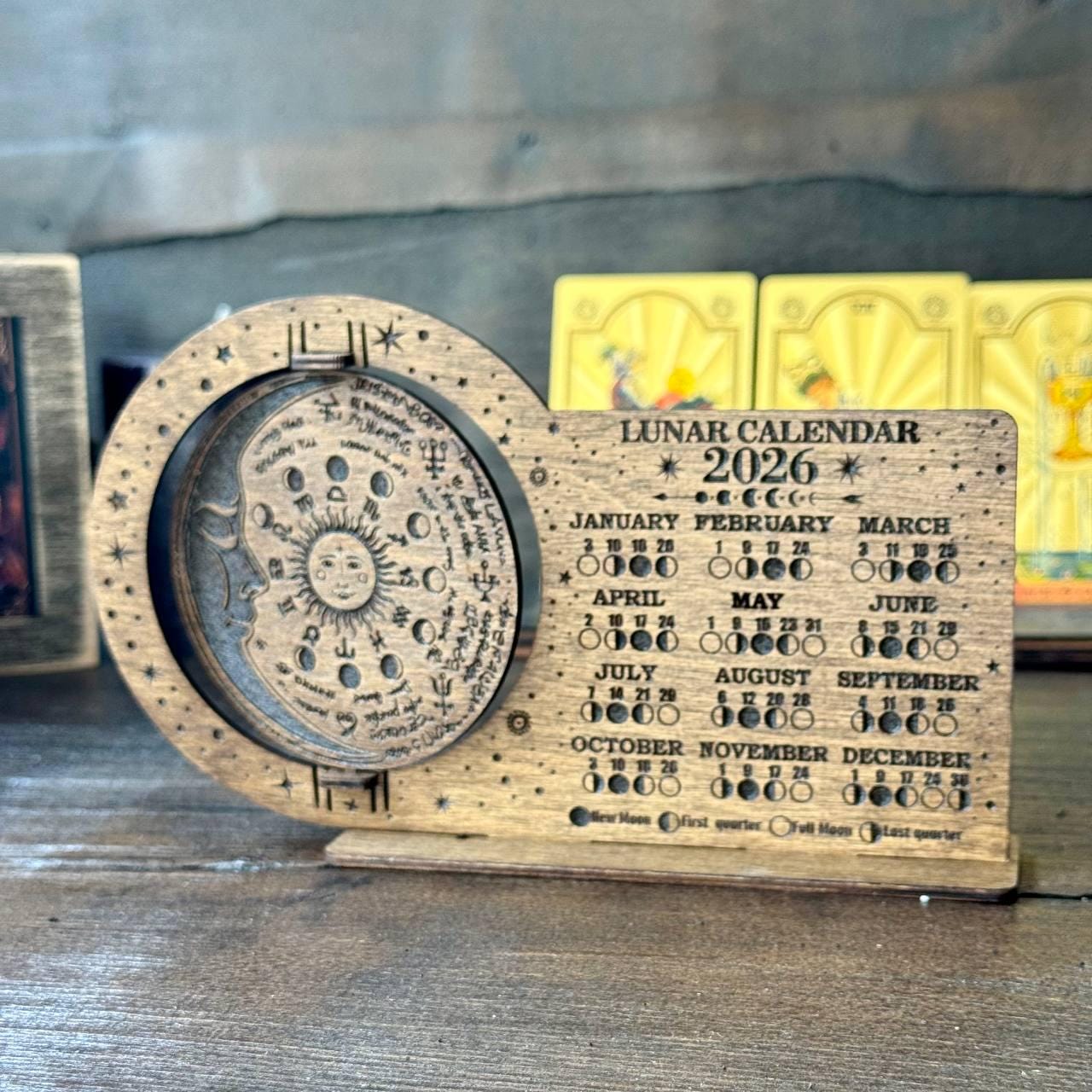 Lunar Calendar 2026 Wooden Moon Phase Board, Astrology Decor, Witchy Desk Display