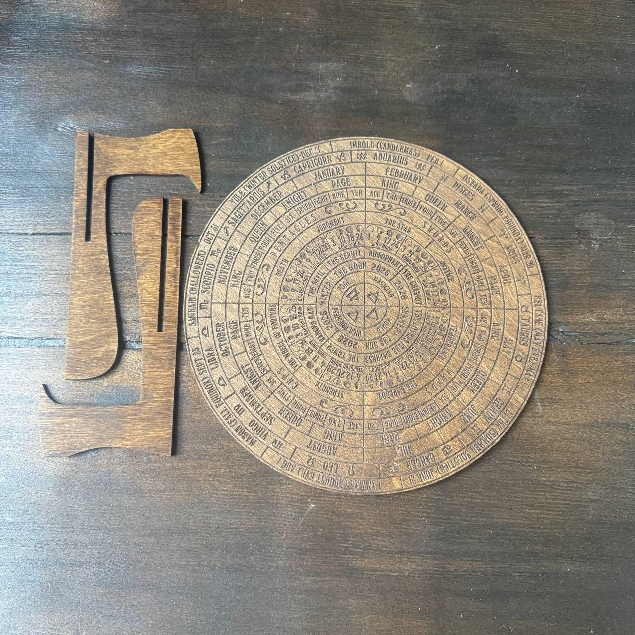 2026 Lunar Calendar Wooden Moon Wheel – Witch Altar Decor, Full Moon Phases Chart