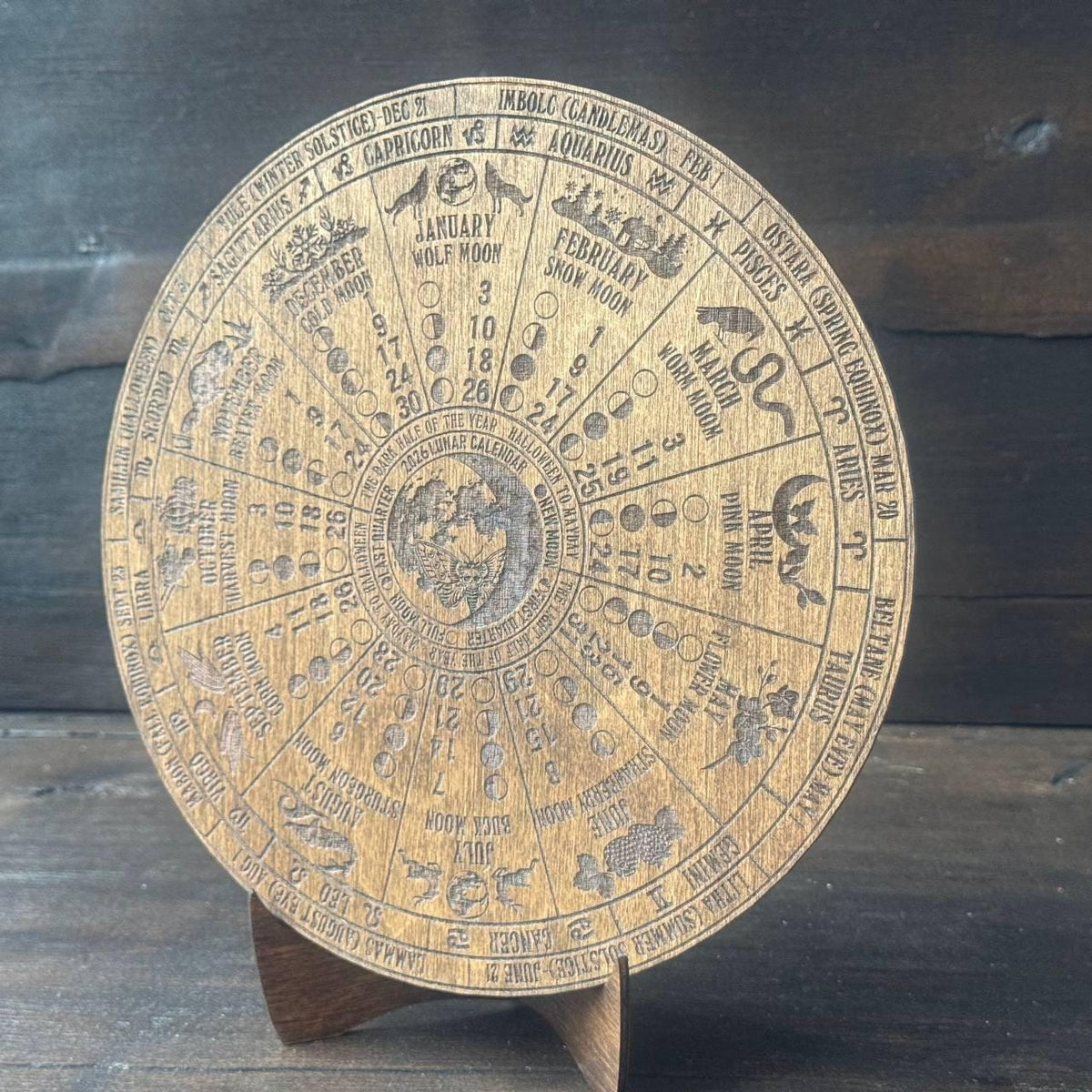 2026 Lunar Calendar Wooden Wall Art, Moon Phase Zodiac Decor for Astrology Lovers
