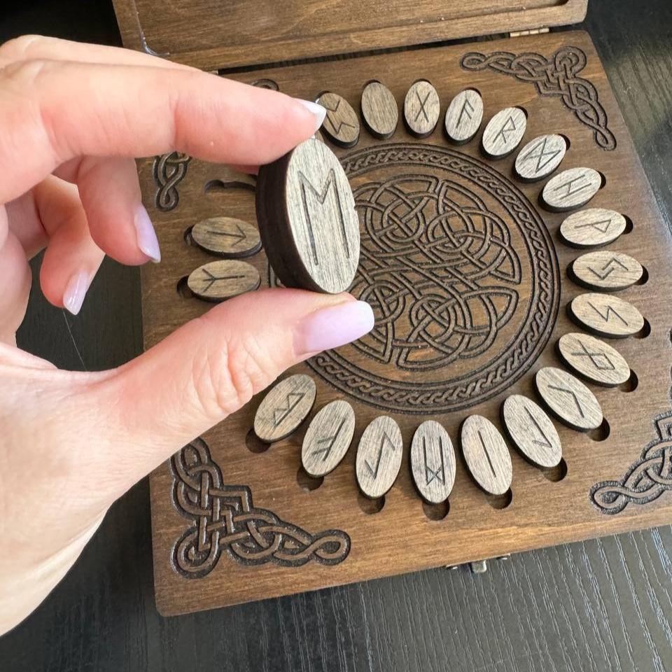 Futhark Runes Set with Wooden Box Norse Divination Kit