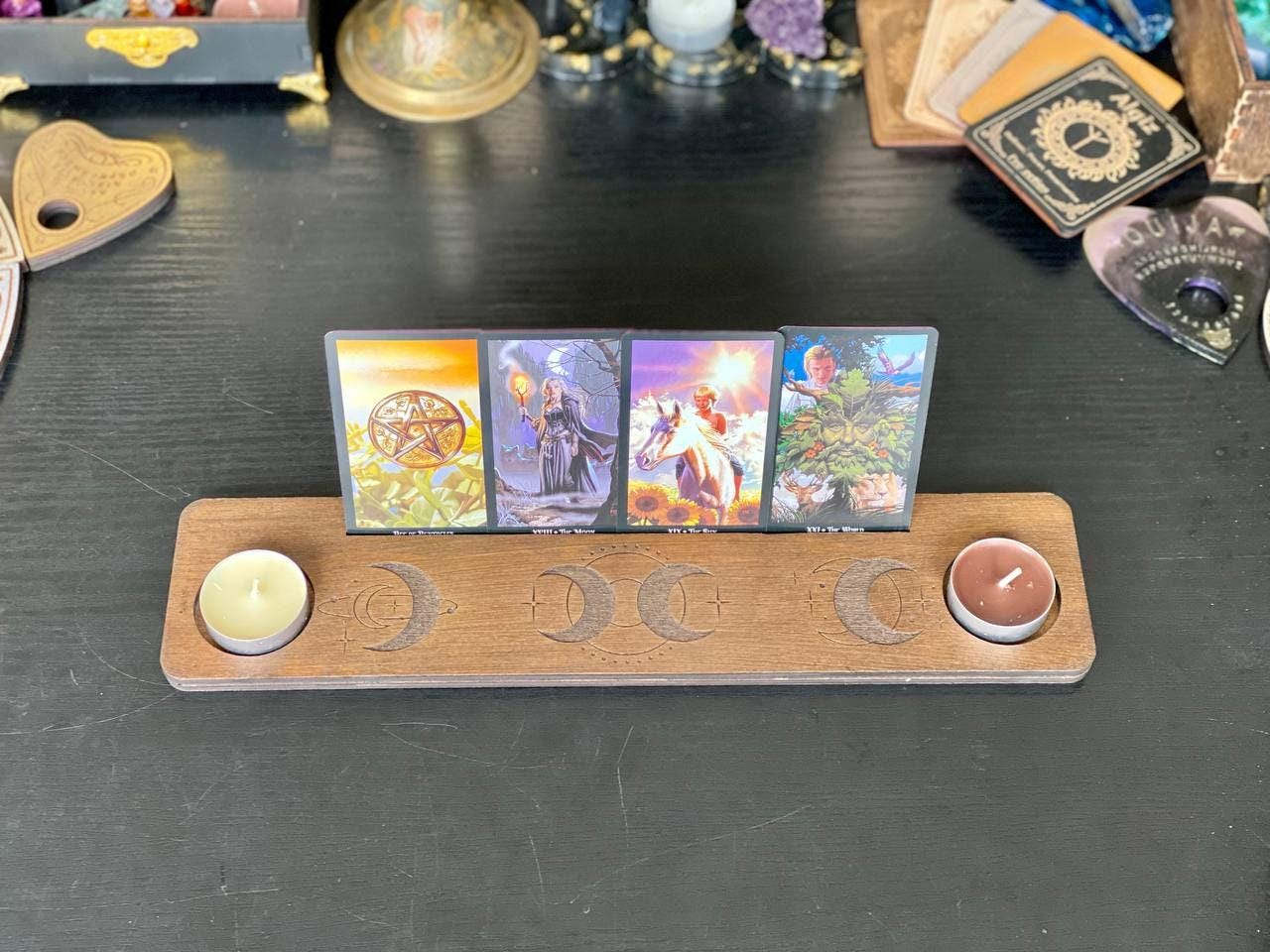 Personalized Moon Tarot Card Holder with Candle Stands, Wooden Altar Display
