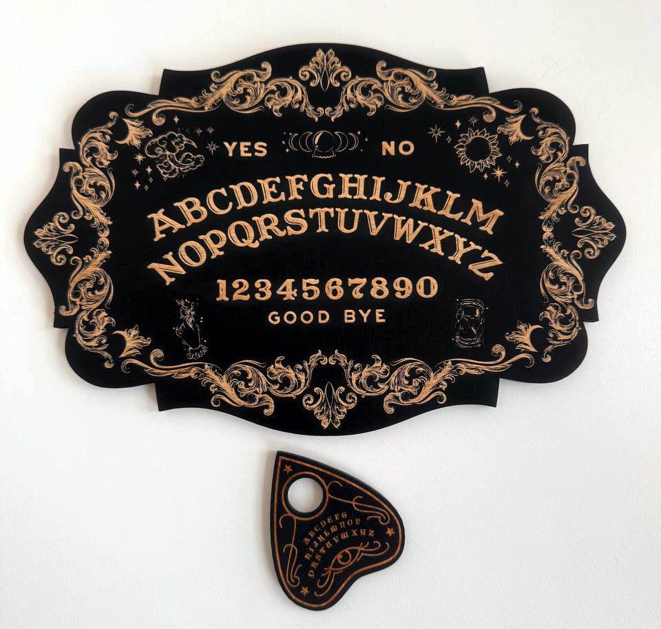Ouija board, black wood, spirit board with planchette, gothic divination decor