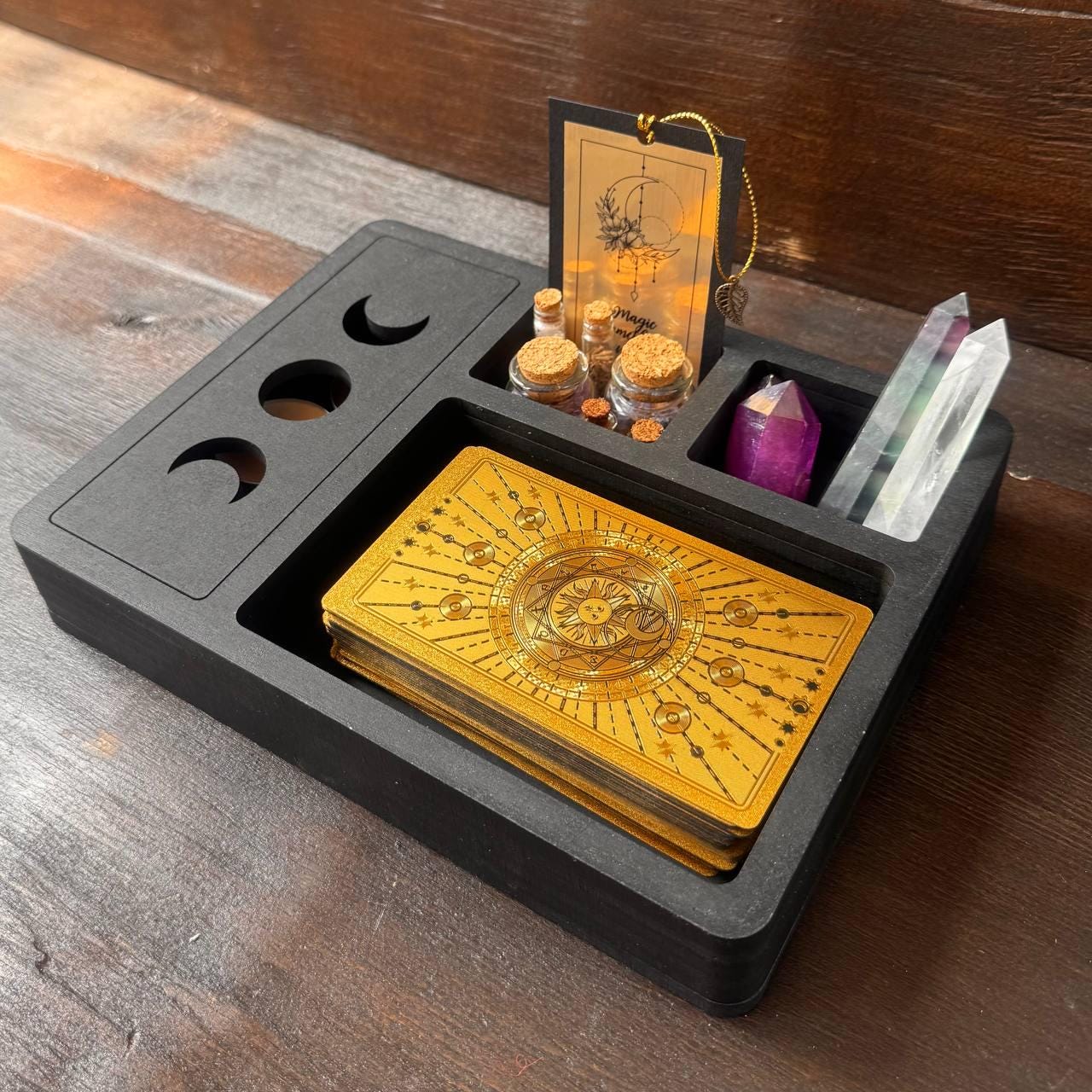 Black Tarot and Crystal Organizer, Moon Phase Witchcraft Storage Box