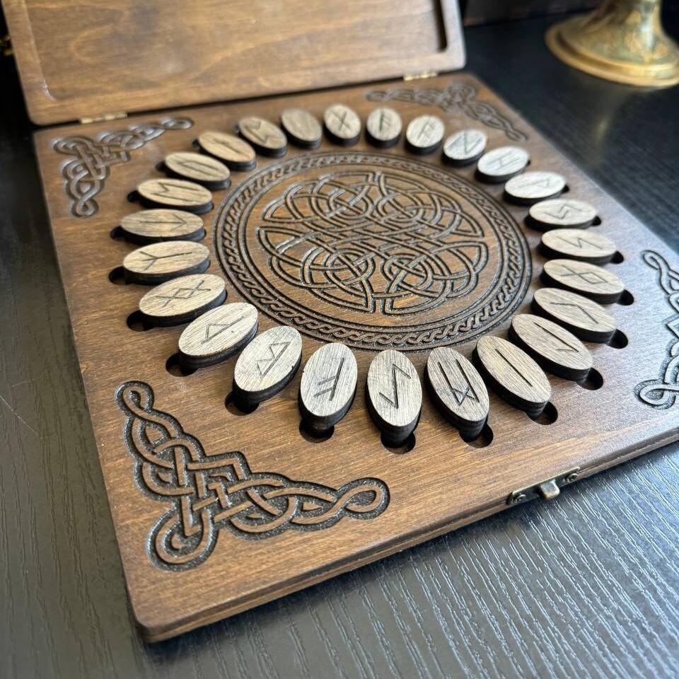 Futhark Runes Set with Wooden Box Norse Divination Kit