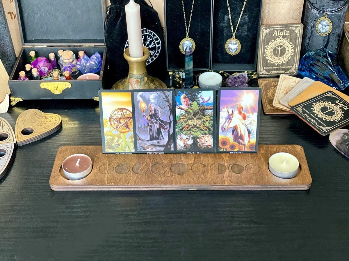 Moon Phase Tarot Card Stand with Candle Holders, Personalized Altar Decor