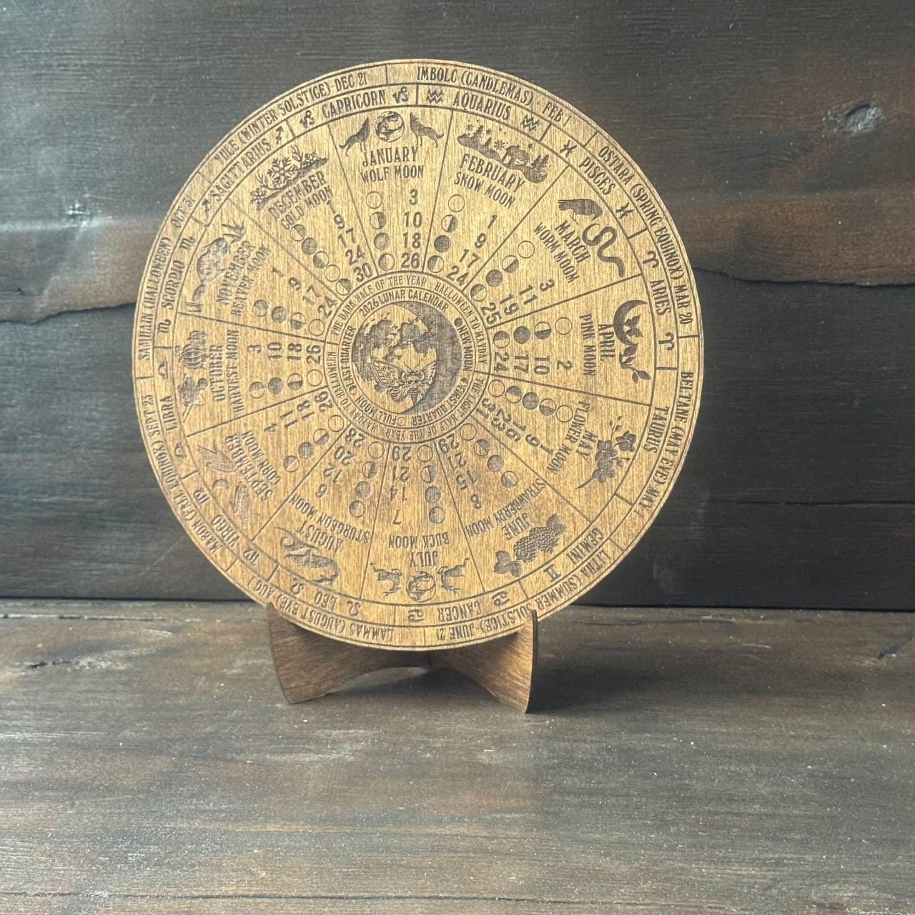 2026 Lunar Calendar Wooden Wall Art, Moon Phase Zodiac Decor for Astrology Lovers