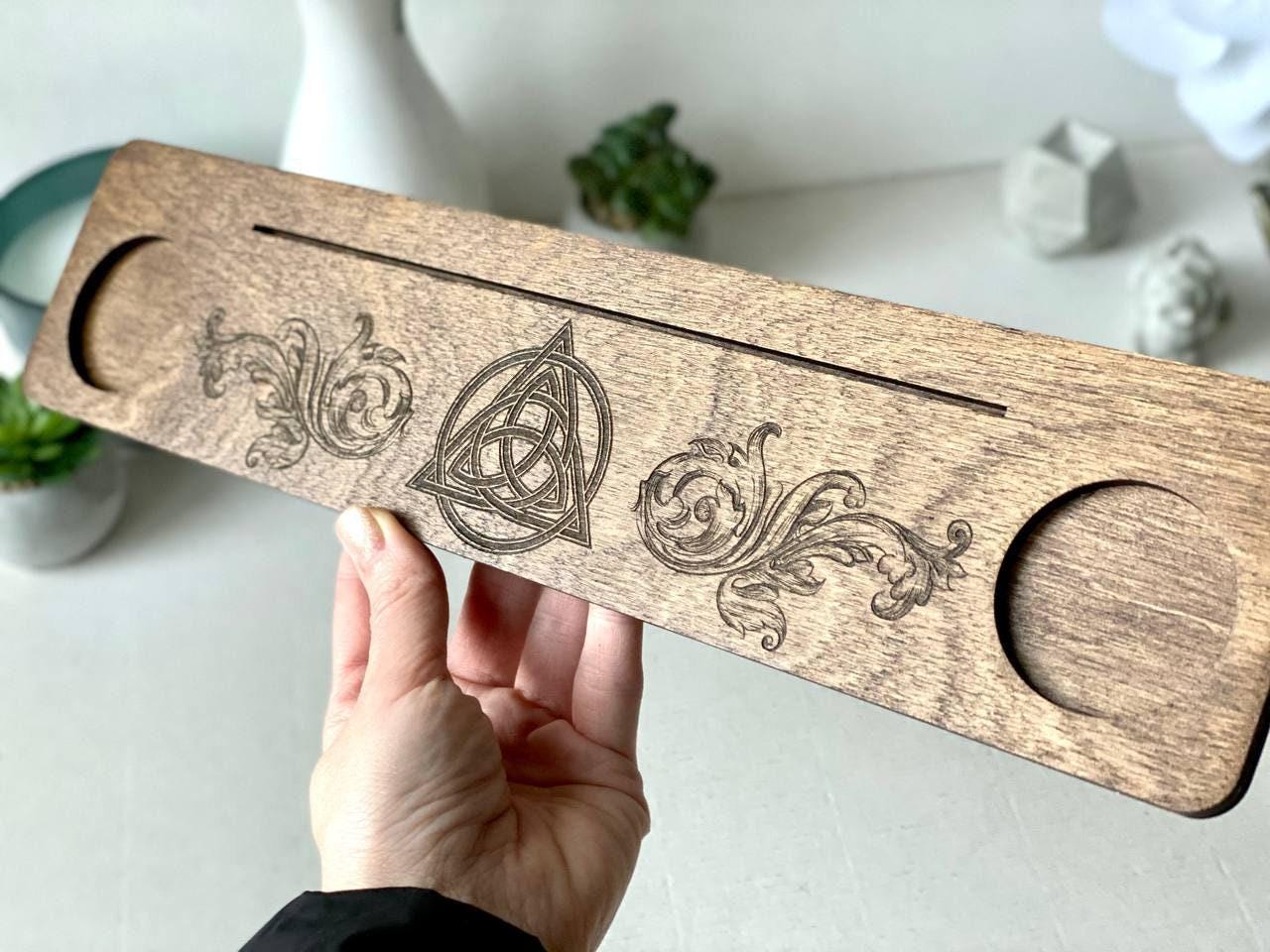 Engraved Wooden Tarot Card Holder with Candle Stand, Personalized Altar Display