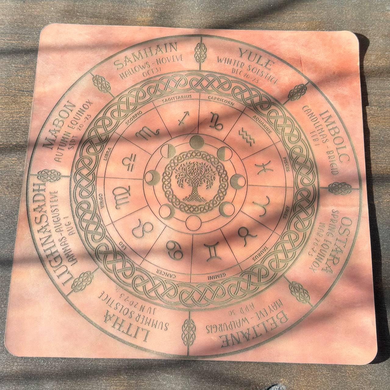 Engraved Leather Wiccan Calendar Mat, Zodiac Wheel Altar Planner in 3 Sizes