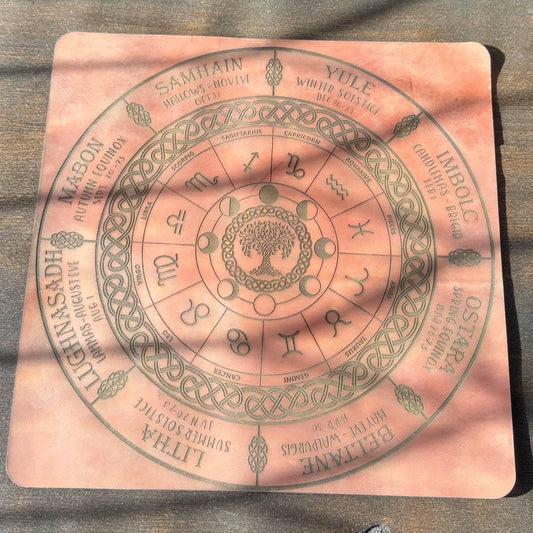 Engraved Leather Wiccan Calendar Mat, Zodiac Wheel Altar Planner in 3 Sizes