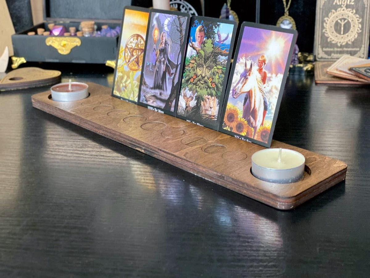 Moon Phase Tarot Stand with Candle Holders, Wooden Altar Display