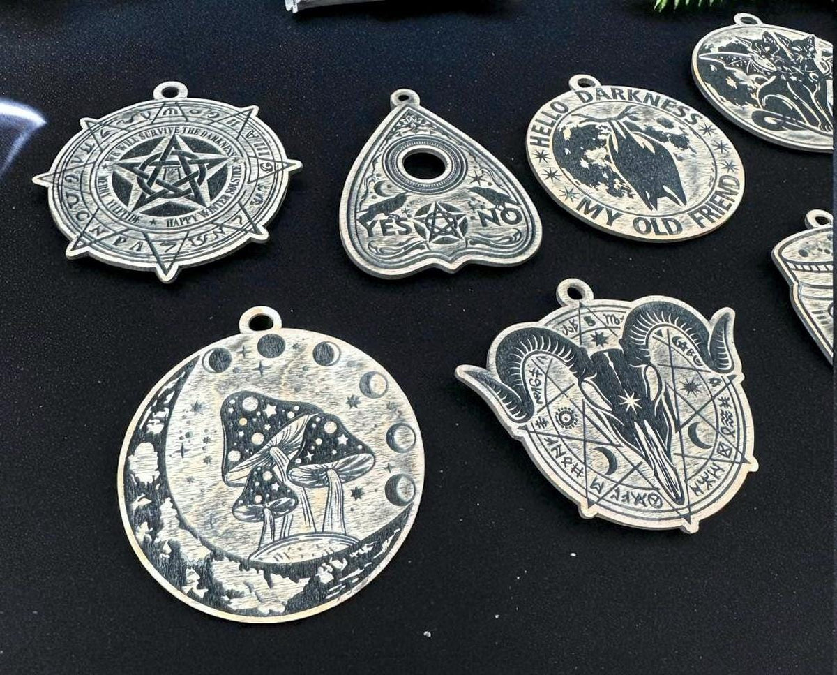Personalized Wicca Ornament Gift Box, 7 Wooden Sabbat Charms in 4 Colors