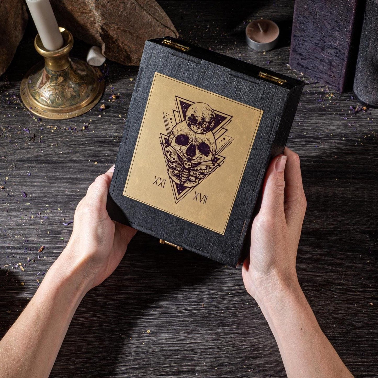 Personalized Gold & Black Wooden Tarot Card Box: Witch Altar Decor