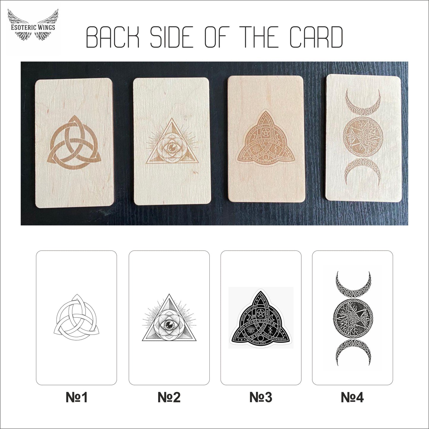 four wooden cards with various geometric and symbolic designs, including a Celtic knot, a triangle, a rose, and a crescent moon.
