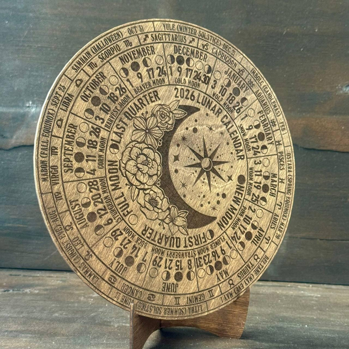 2026 Lunar Moon Phase Calendar – Floral Wood Moon Chart in Walnut Stain with Stand