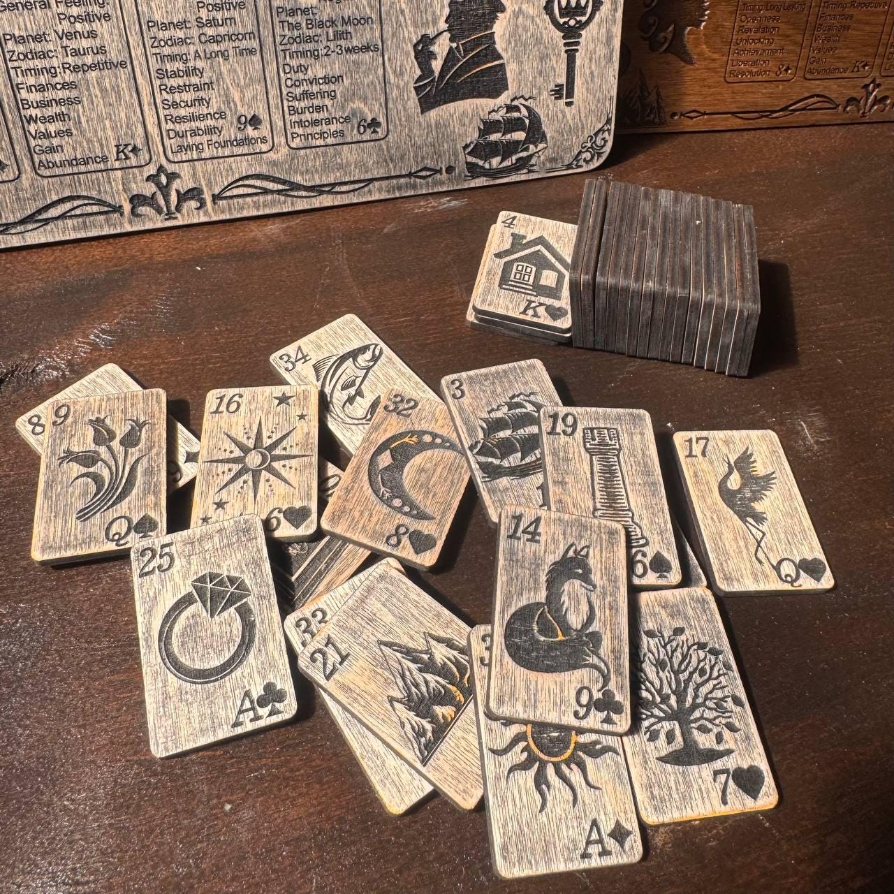 Lenormand Oracle Cards Wooden Divination Deck, Fortune Telling Cards, Gothic Oracle Set