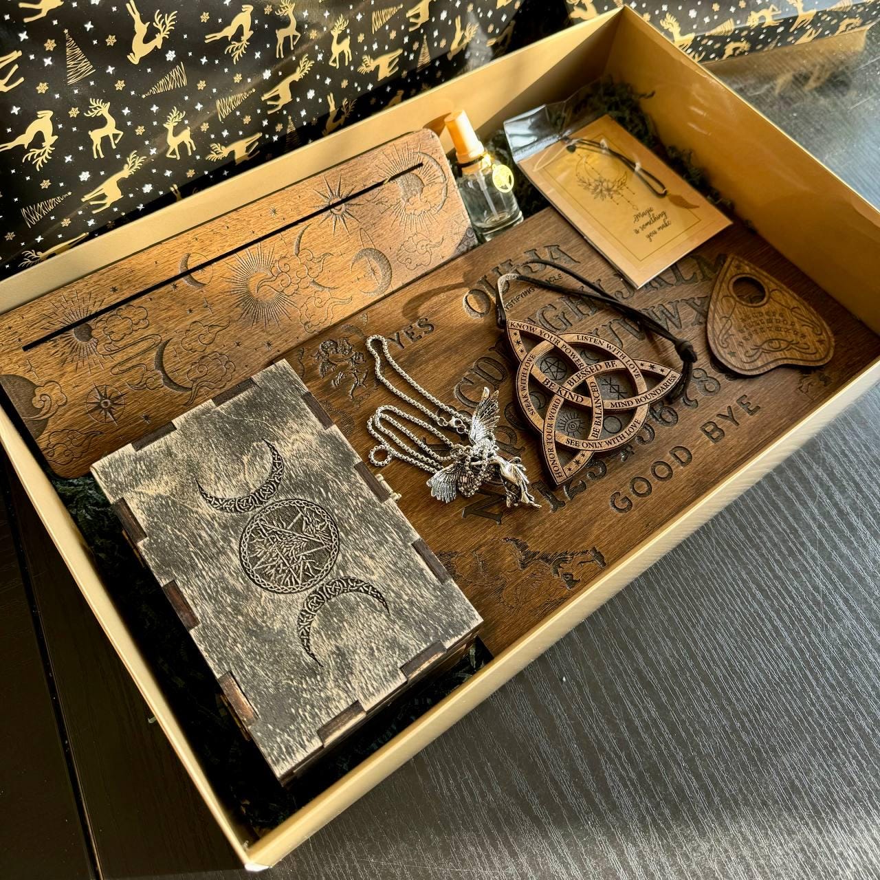 Witch Mystery Box with Wooden Ritual Tools, Pagan Altar Gift Set