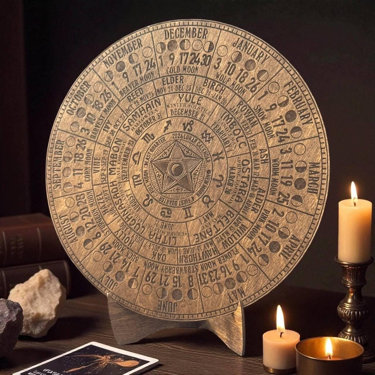 2026 Lunar Calendar with Pentagram – Wiccan Moon Phase Wheel on Walnut Wood with Stand