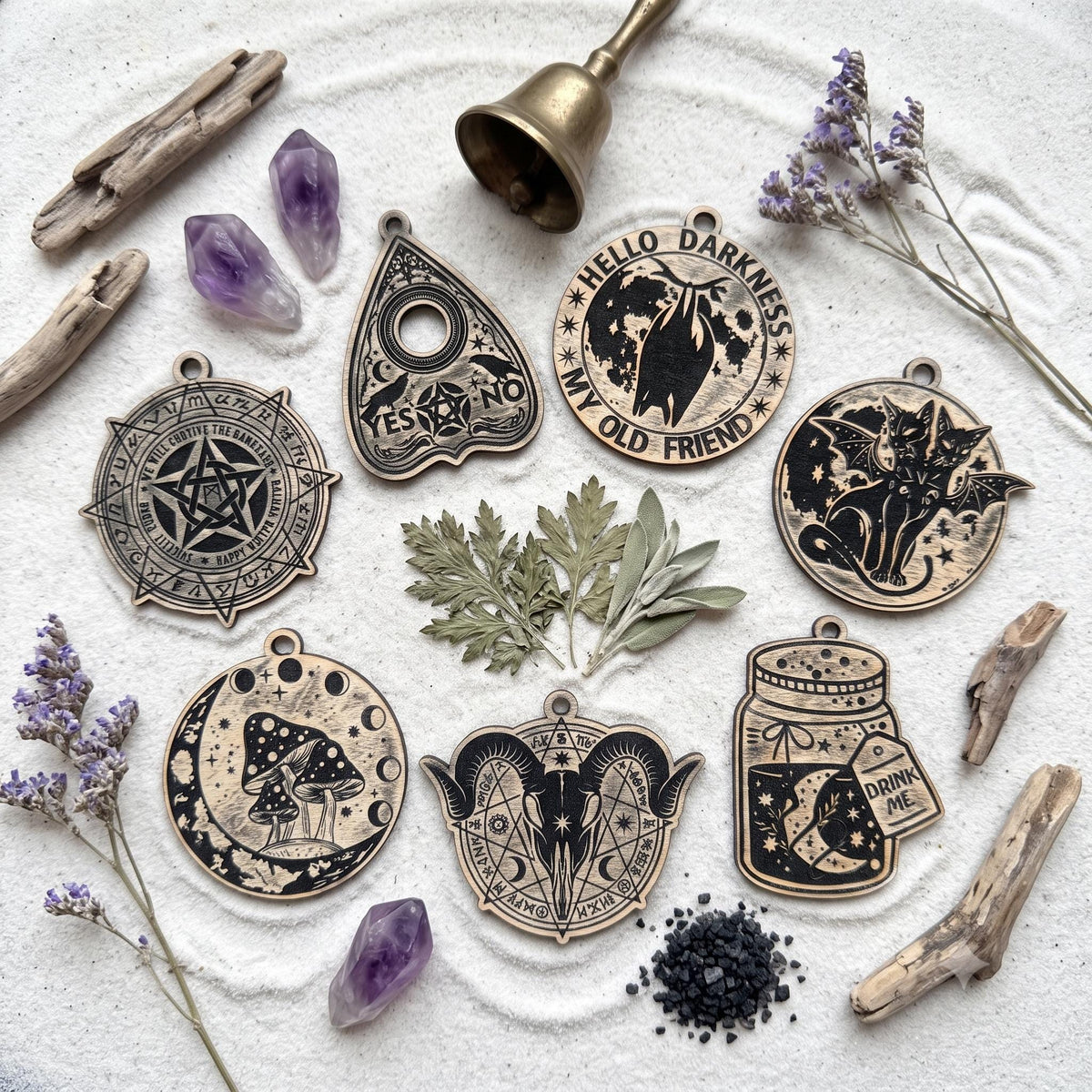 Personalized Wicca Ornament Gift Box, 7 Wooden Sabbat Charms in 4 Colors