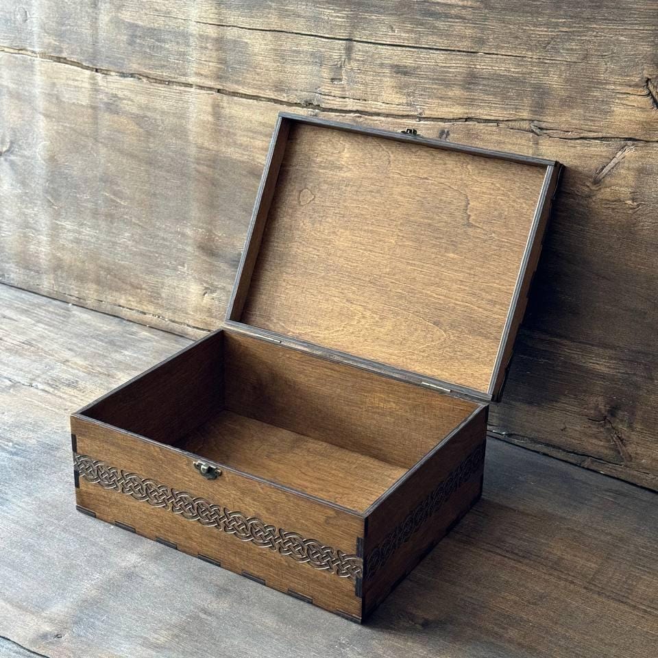 Wooden Storage Box | Viking Keepsake Chest with Celtic Symbol - Rustic Pagan Decor