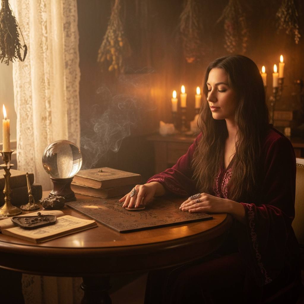 A woman in a red robe sits at a table, surrounded by candles, books, and a crystal ball, appearing to be engaged in a mystical or spiritual practice.