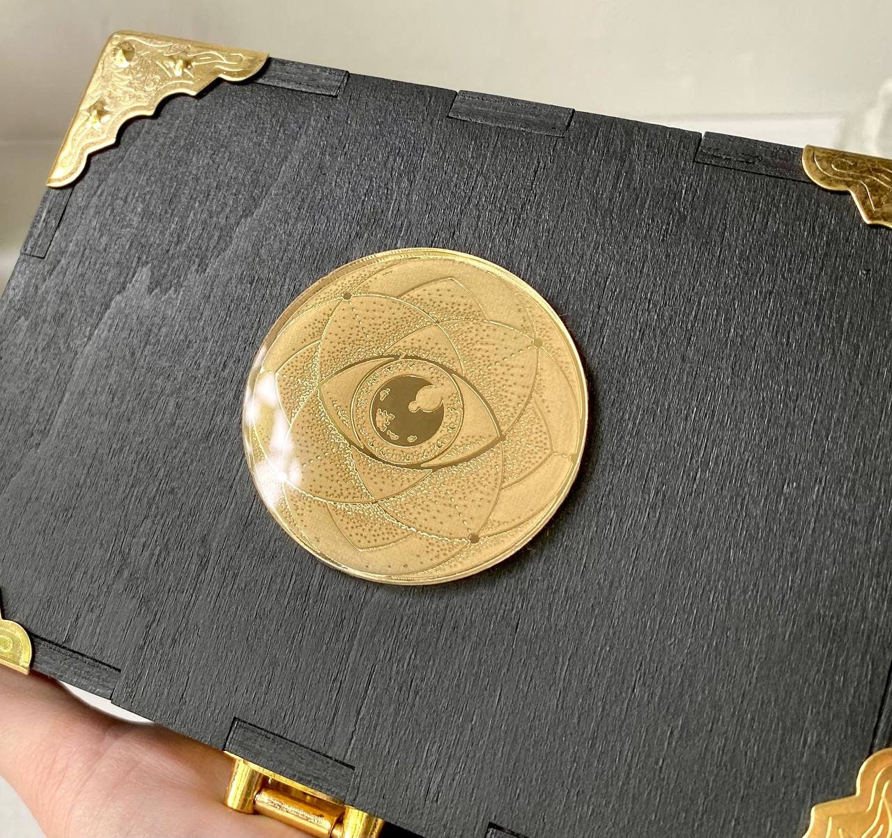 Tarot card  box, black box with golden eye, divination tools storage, witch gift