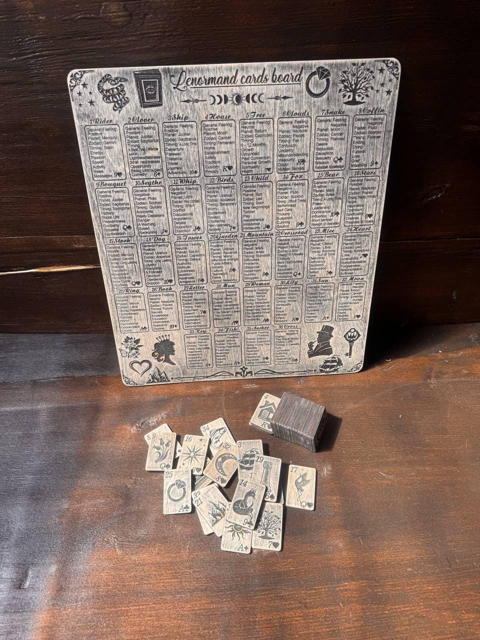 Lenormand Oracle Cards Set with Wooden Reading Board, Fortune Telling Deck, Divination Gift
