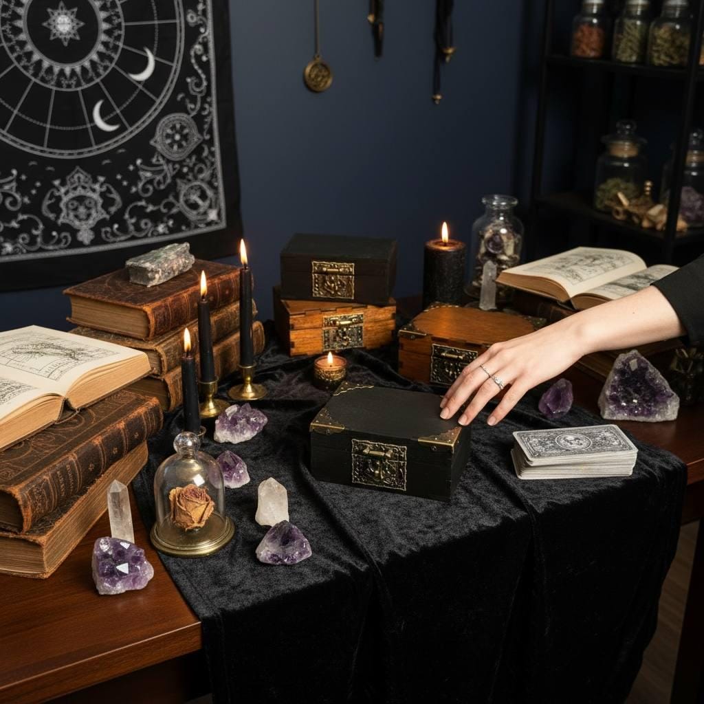 Engraved Wooden Storage Box, Vintage Witch Altar Box, Crystal Storage Chest
