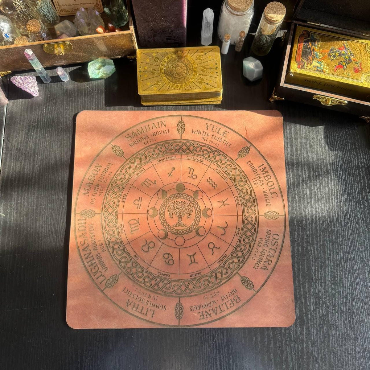 Engraved Leather Wiccan Calendar Mat, Zodiac Wheel Altar Planner in 3 Sizes