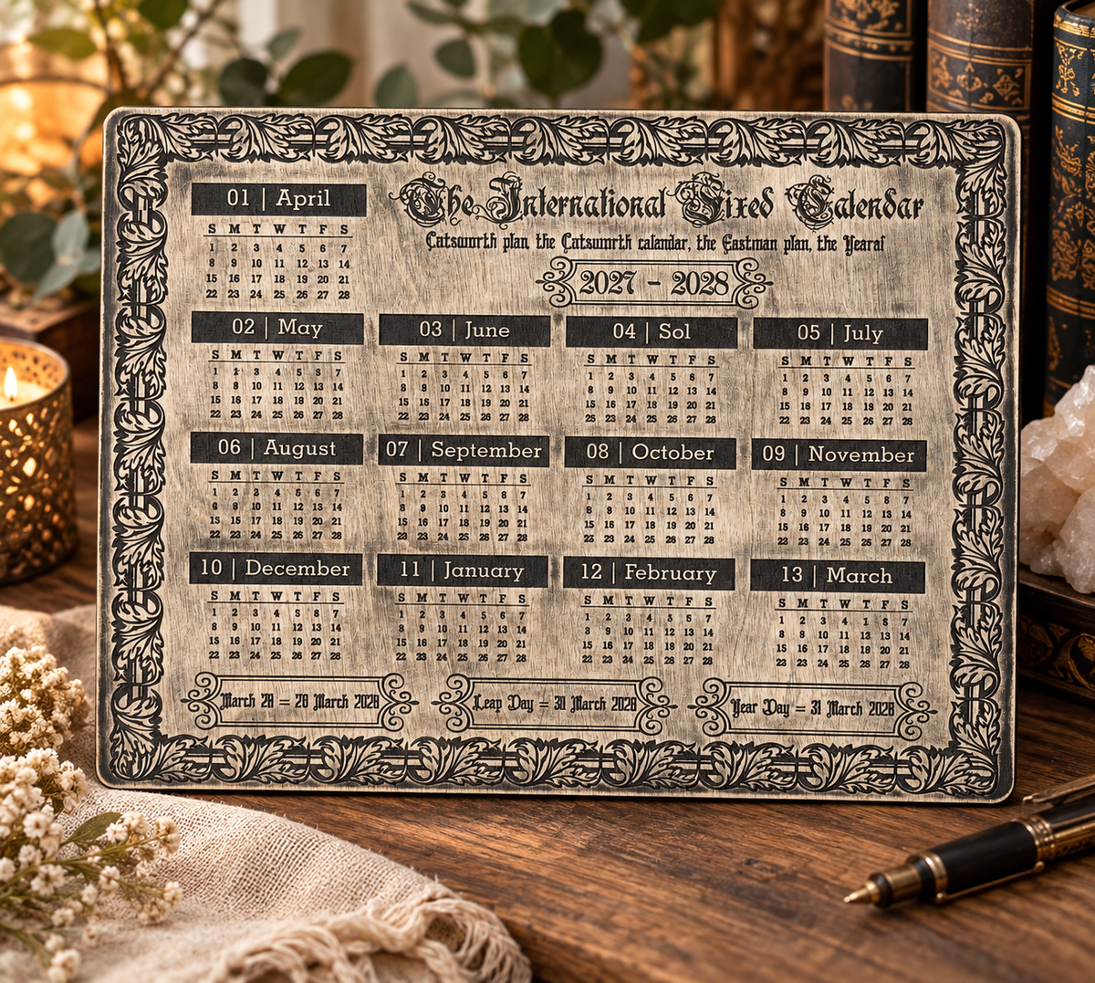2027–2028 13 Month Calendar, International Fixed Calendar, Wooden Wall Decor