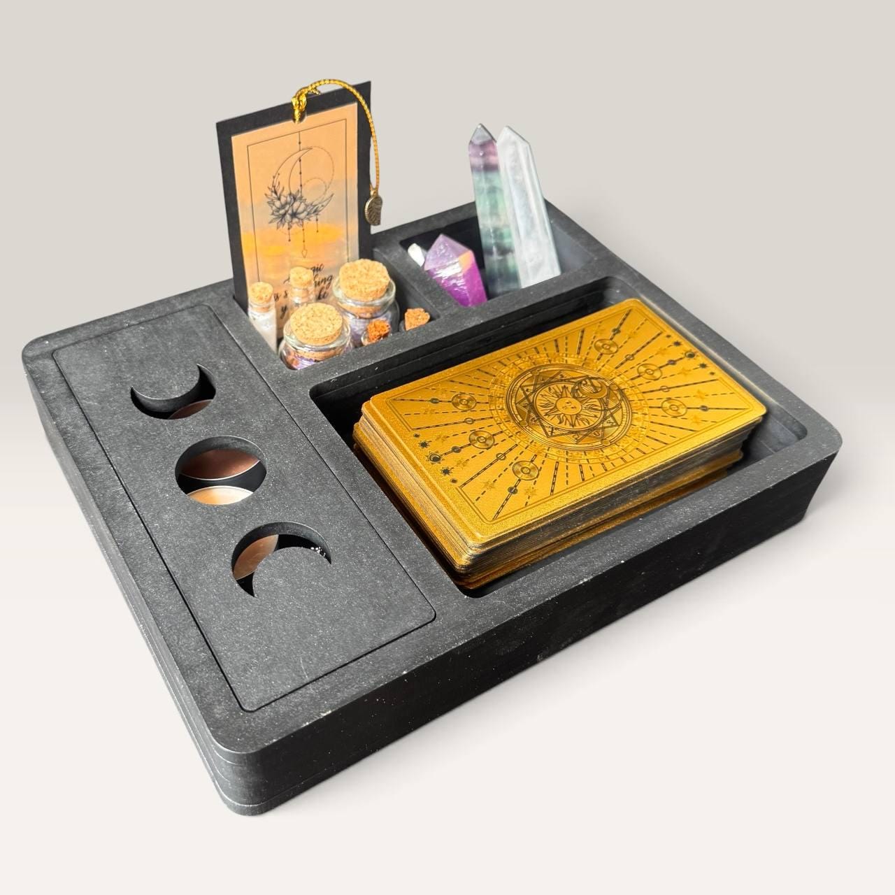 Black Tarot and Crystal Organizer, Moon Phase Witchcraft Storage Box