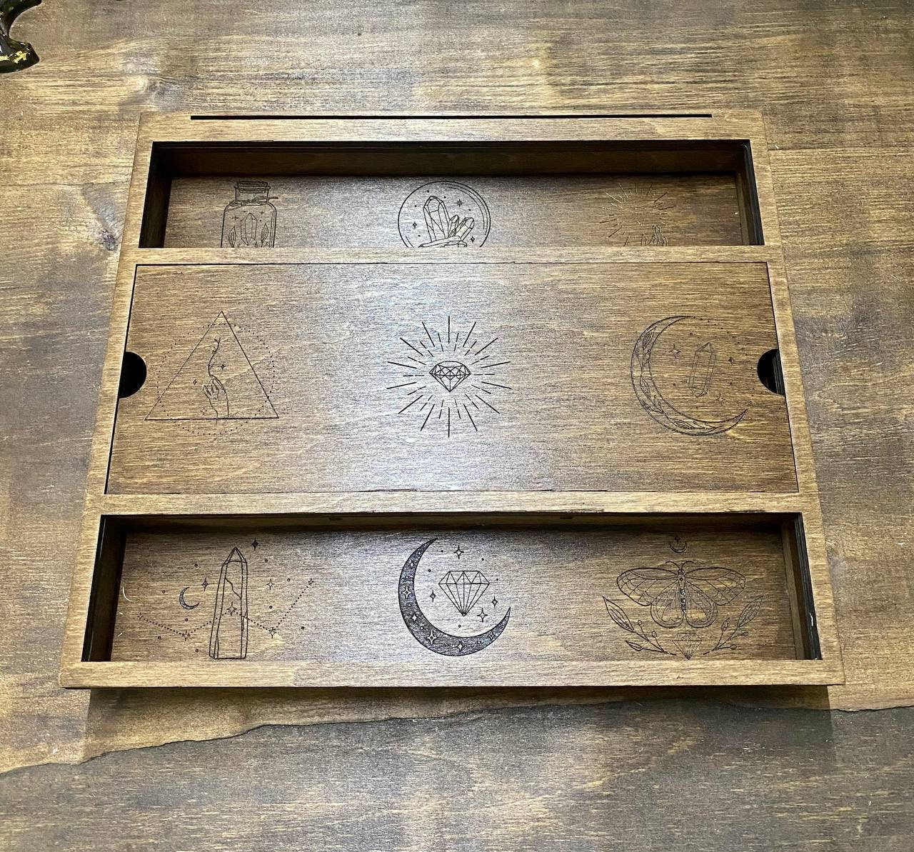 Engraved Wooden Tarot Box: Wiccan Crystal Storage, Personalized Witch Decor
