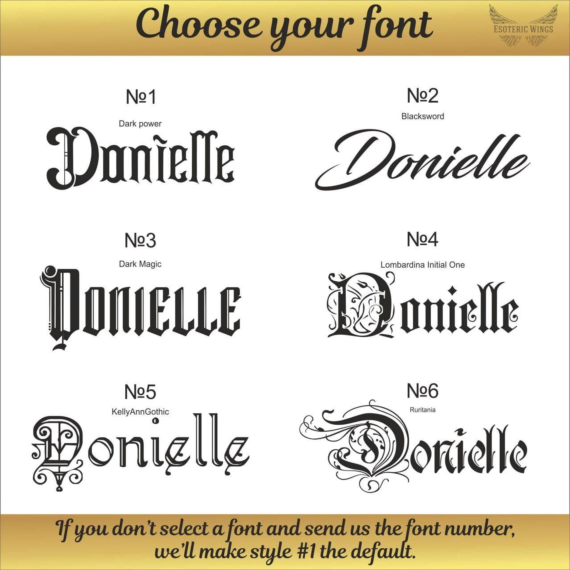 a selection of different font styles and names, including "Dark Power", "Blacksword", "Dark Magic", "Lombardina Initial One", "KeelyAnnGothic", and "Donielle".