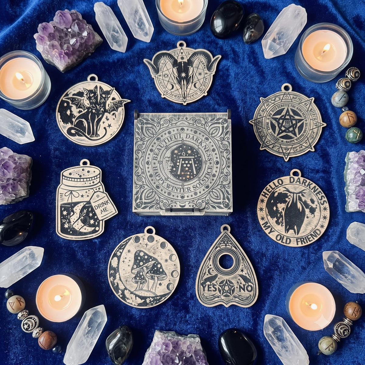 Personalized Wicca Ornament Set, 7 Wooden Witch Symbols in Old Oak Gift Box
