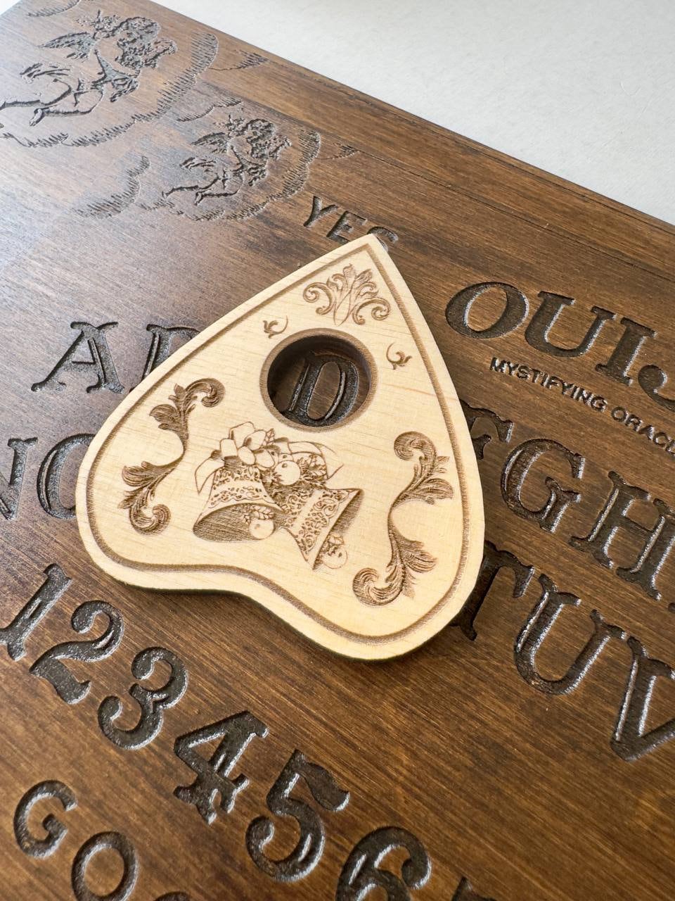 Christmas Bell Ouija Planchette: Engraved Wooden Spirit Board Tool