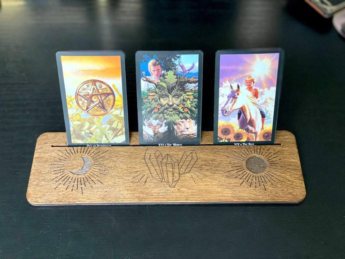 Moon and Sun Tarot Card Holder, Wooden Fortune Telling Stand