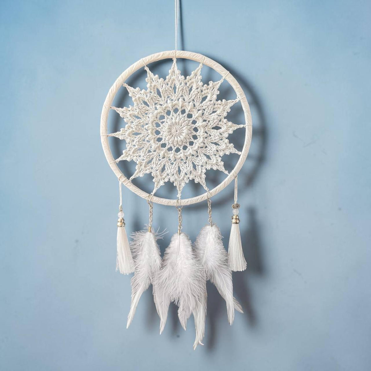 White Crochet Dream Catcher – Boho Bedroom & Nursery Decor