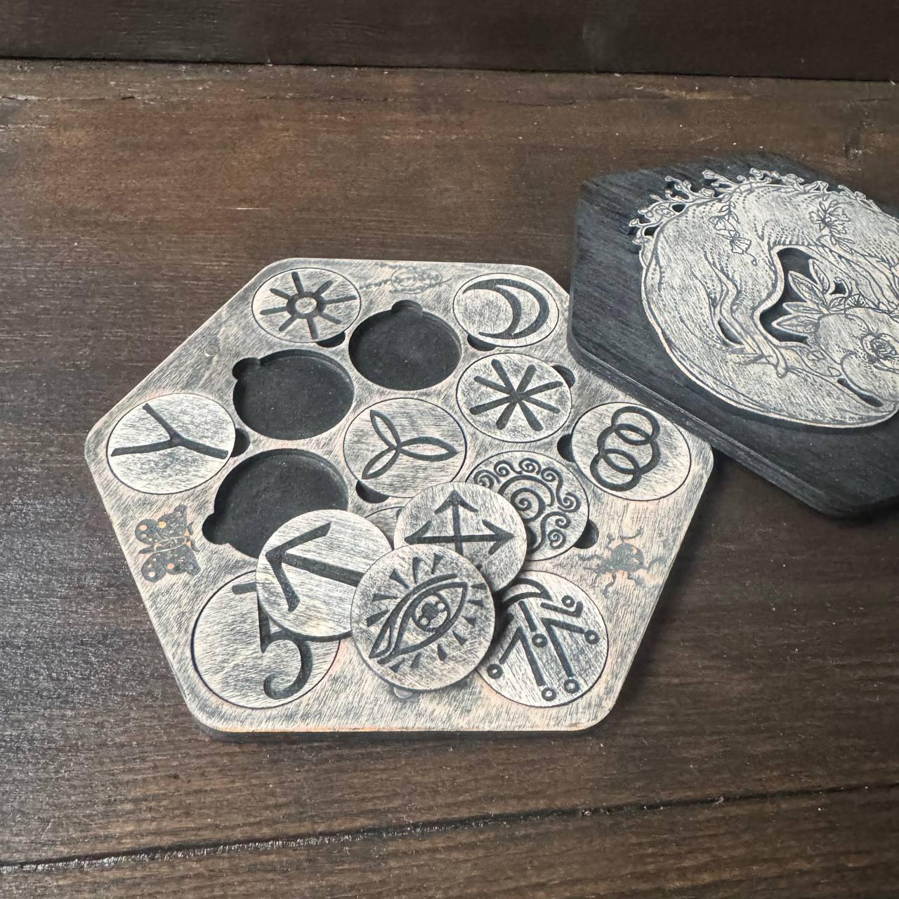 Witch Runes Set with Lid – Wooden Divination Runes with Symbols, Pagan Tool, Witchcraft Gift