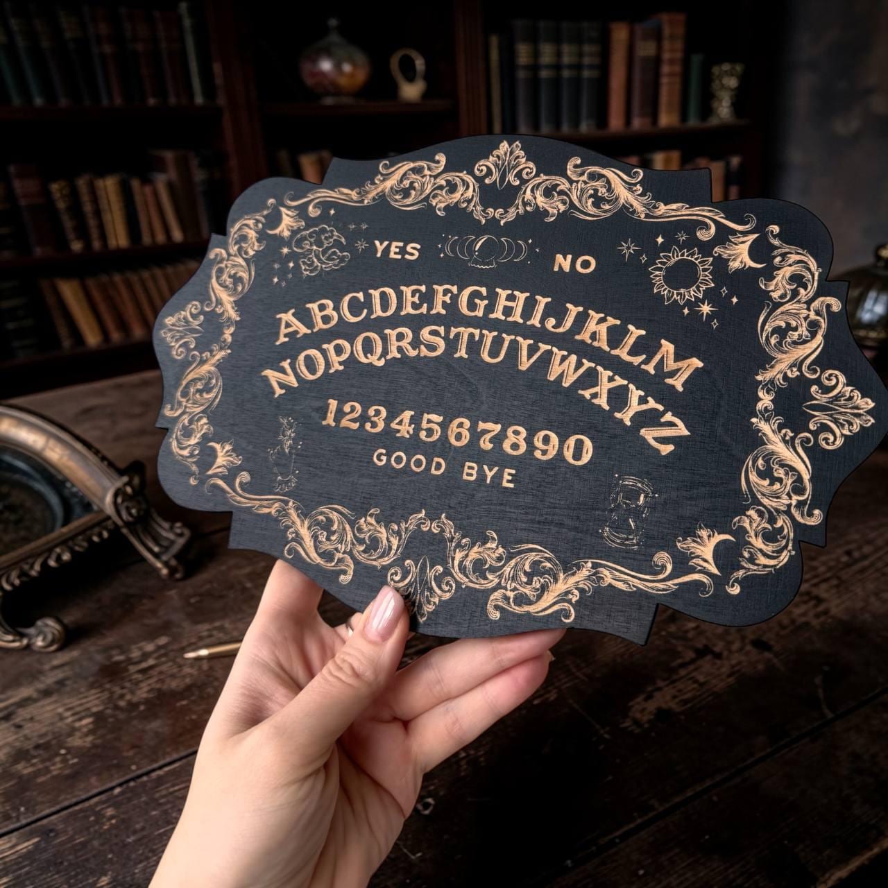 Ouija board, black wood, spirit board with planchette, gothic divination decor