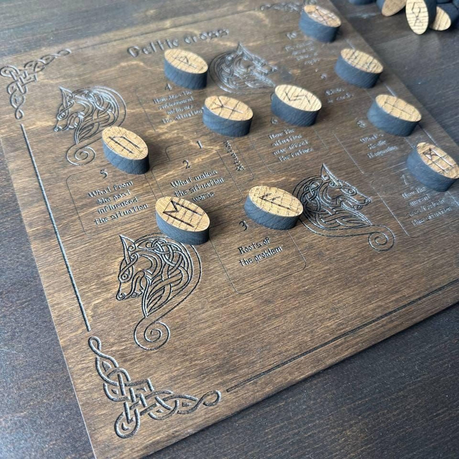 a wooden board with various carved symbols and text, including what appear to be numbers and possibly other symbols or text related to the board game.