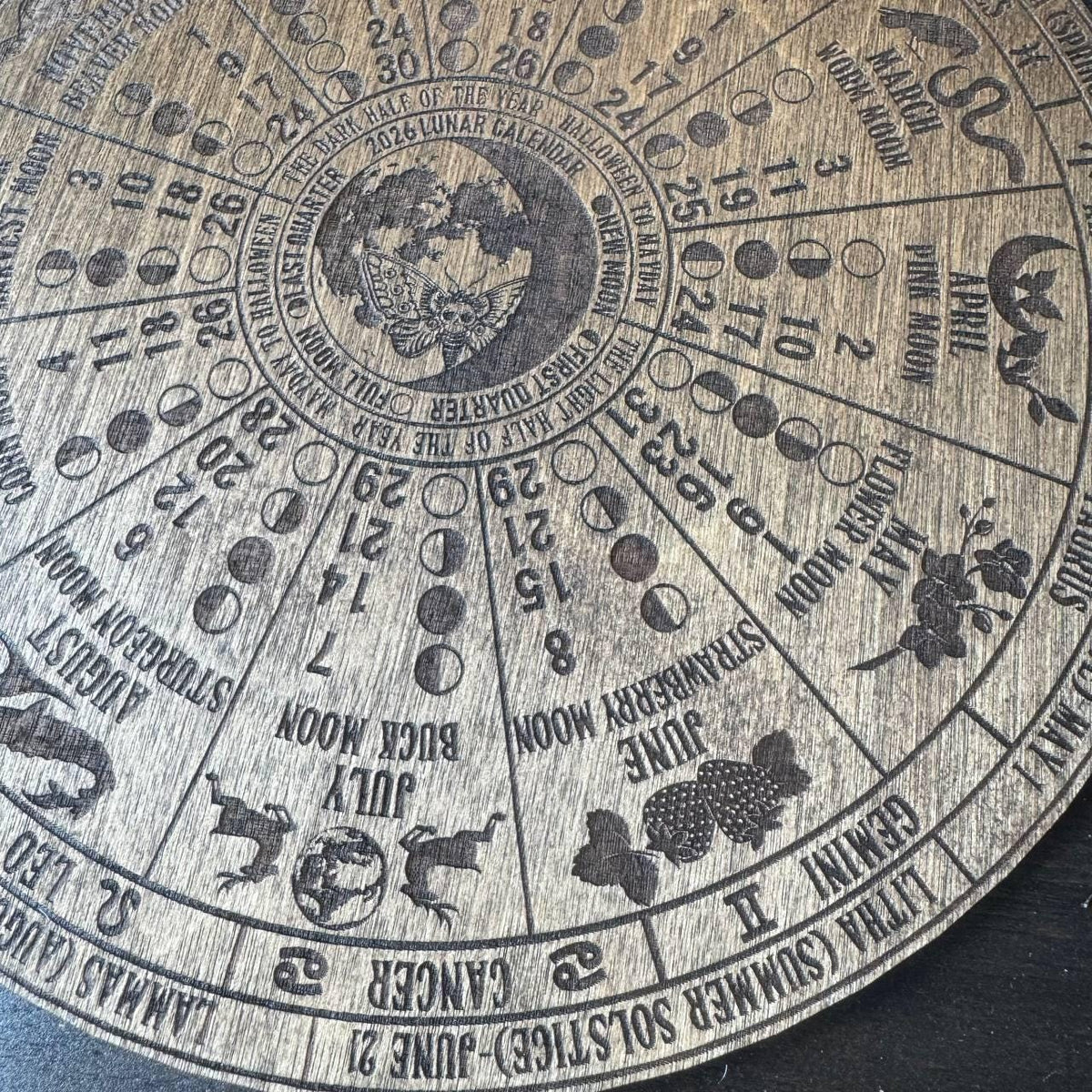 2026 Wooden Lunar Calendar, Moon Phase and Zodiac Wheel Wall Art
