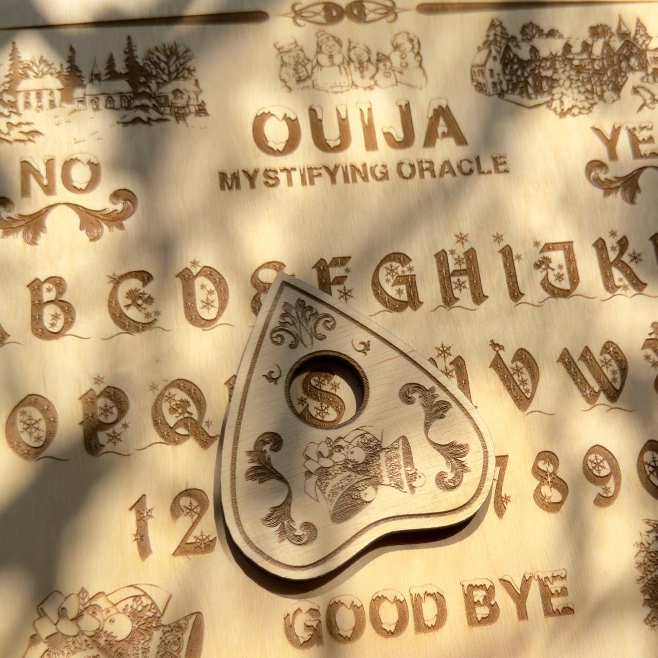 Christmas Wooden Ouija Board with Planchette, Engraved Holiday Spirit Board Décor