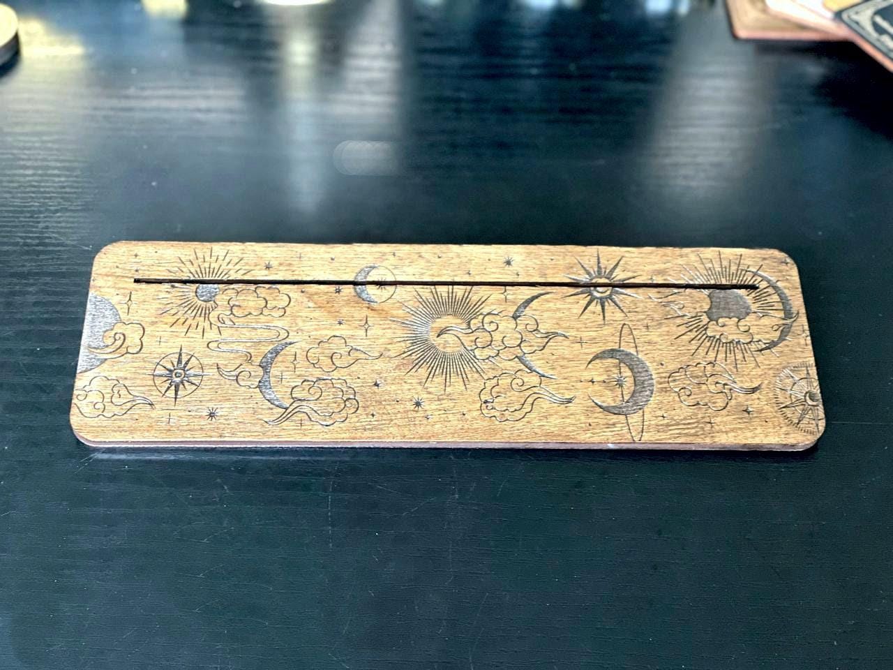Moon and Sun Tarot Card Stand, Engraved Wooden Reading Holder