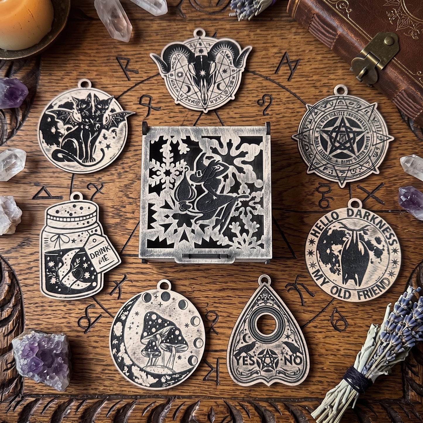 Seven Witch Ornaments in Dark Oak Gift Box for Wicca Sabbat Decor
