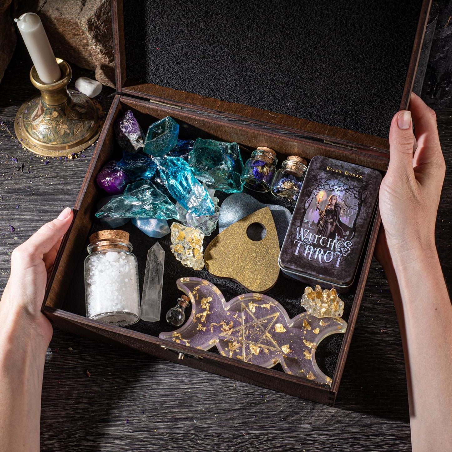 Engraved Wooden Mystery Box: Witch Gift, Crystal Storage
