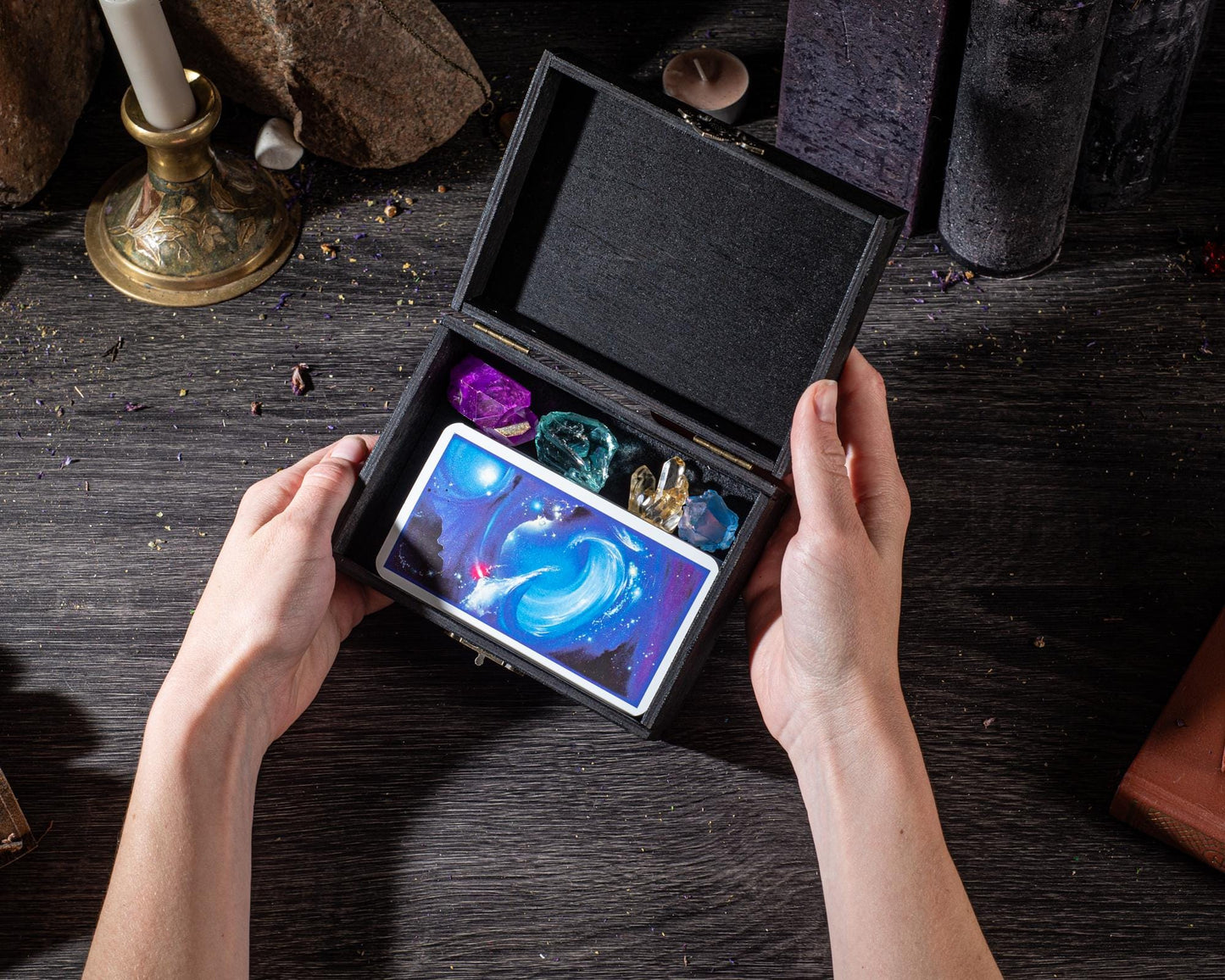Moon Phases Tarot Card Box Personalized, Wooden Witchy Storage Case for Decks, Crystal Box