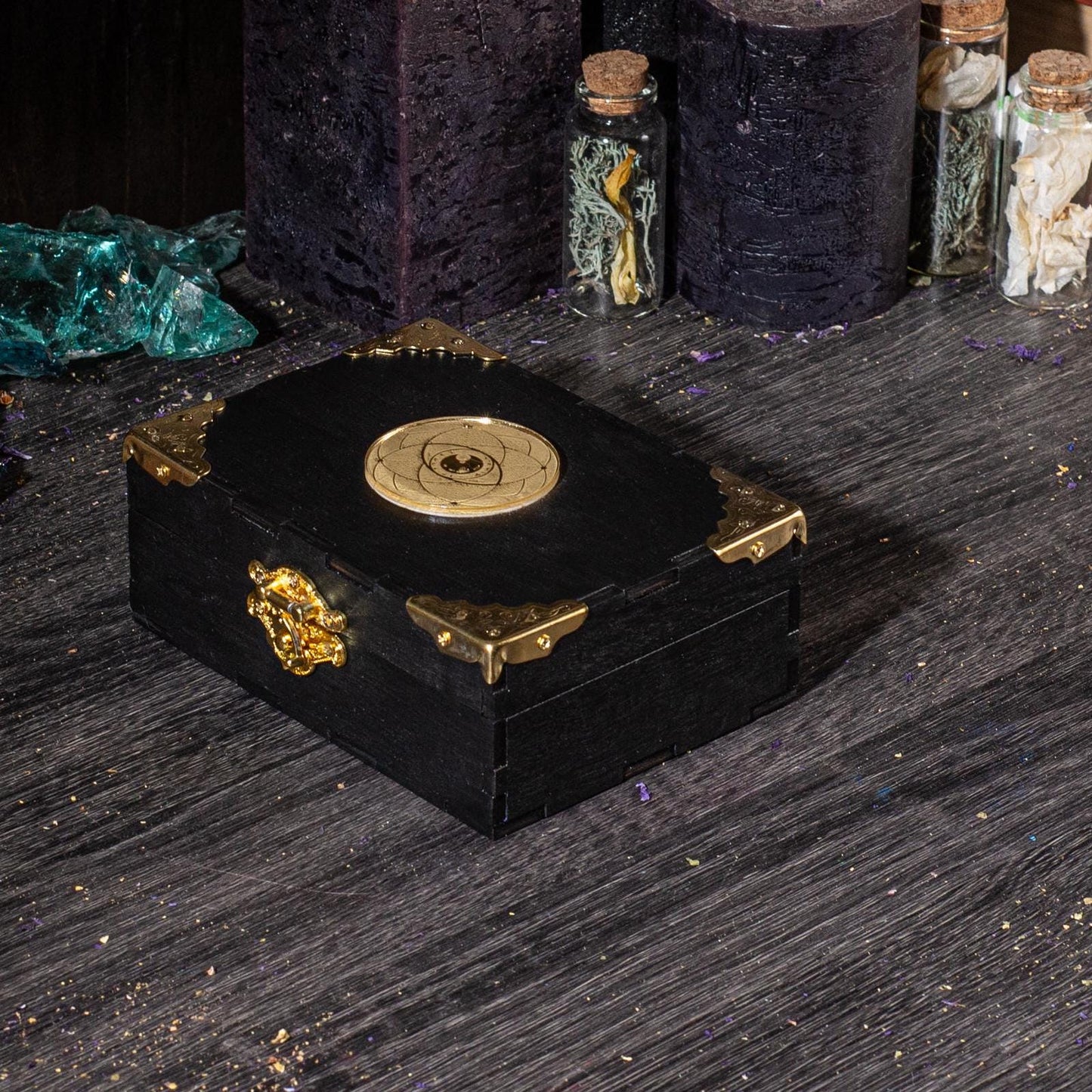 Tarot card  box, black box with golden eye, divination tools storage, witch gift