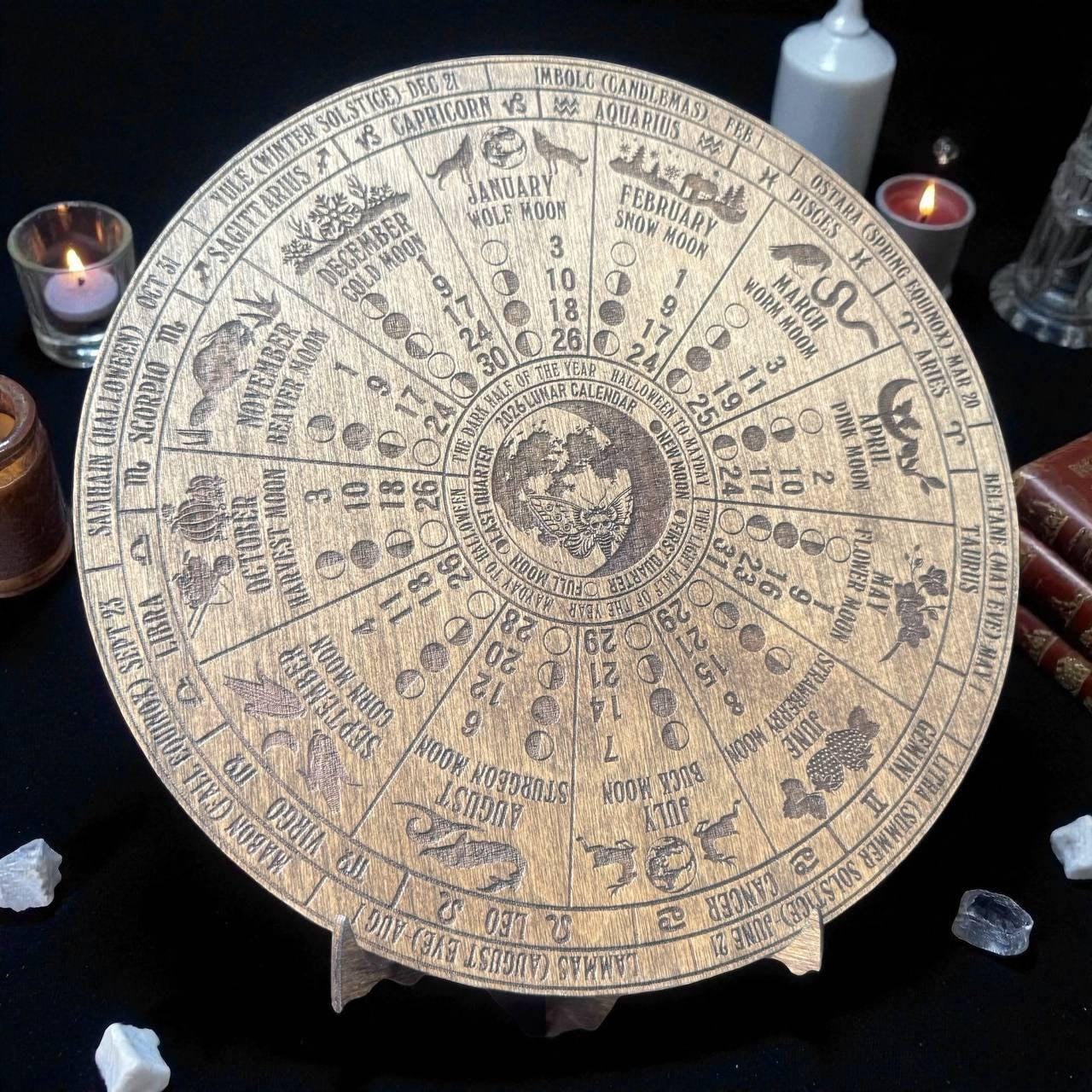 2026 Wooden Lunar Calendar, Moon Phase and Zodiac Wheel Wall Art