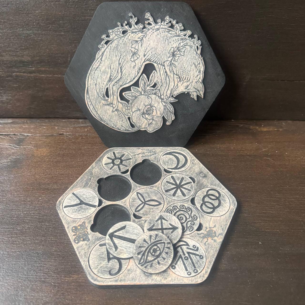 Witch Runes Set Wooden with Box, Pagan Divination Runes, Engraved Symbols, Spiritual Tool