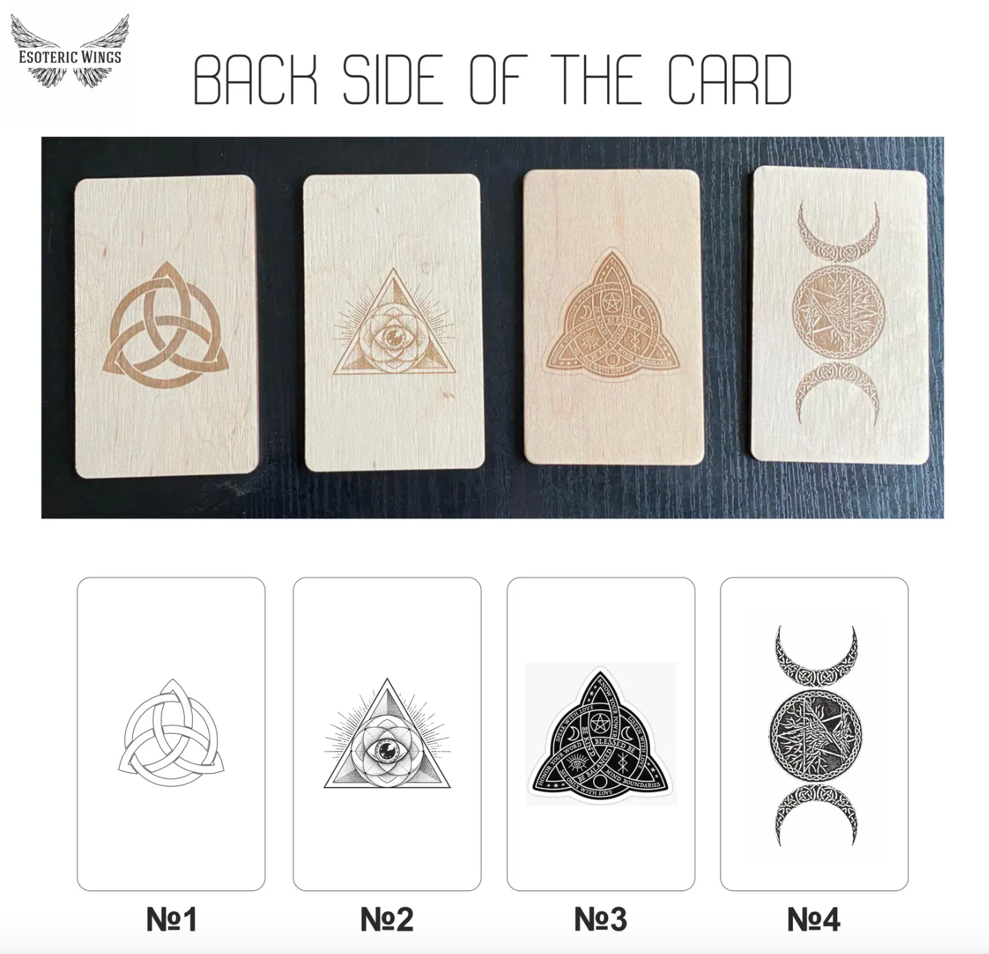 Back side of a card with symbols and designs on a dark surface